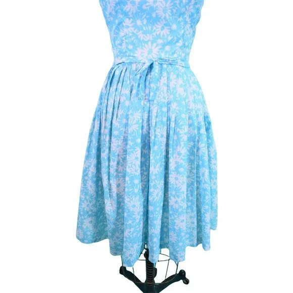 Vintage 1950s Sun Dress Caged Bodice Aqua Floral Sue BrettW 26